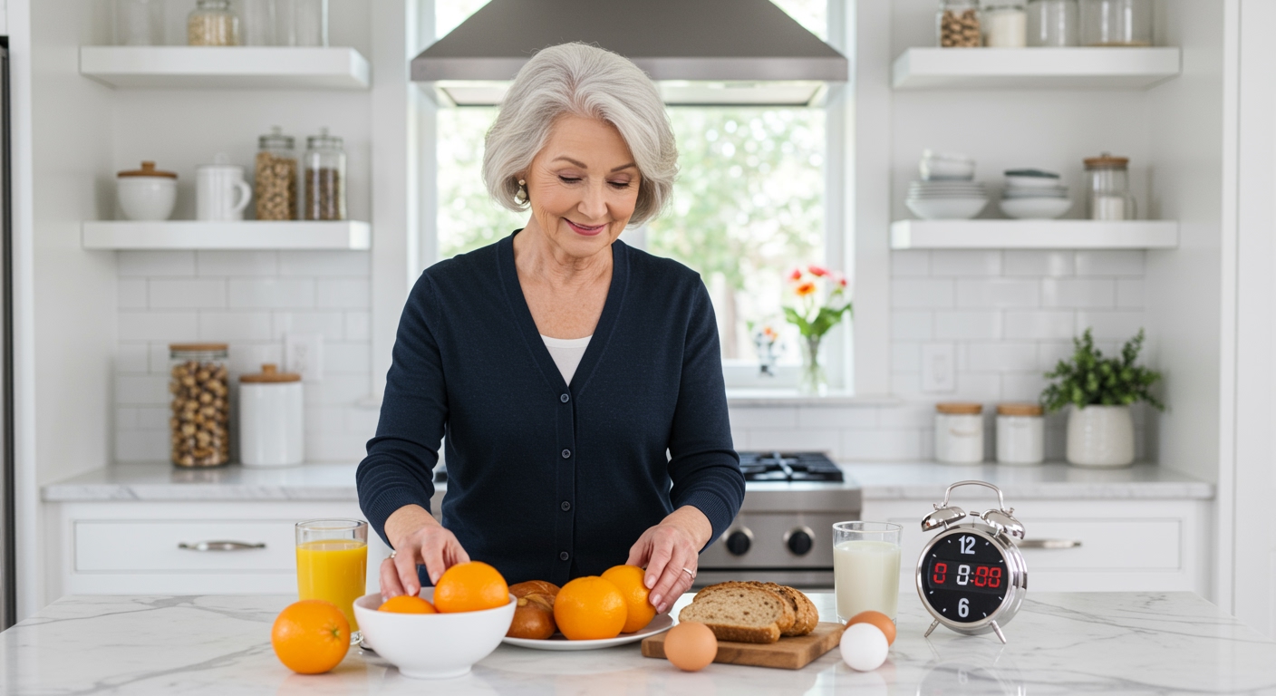 Senior woman arranging breakfast foods and clock on white marble countertop in bright modern kitchen