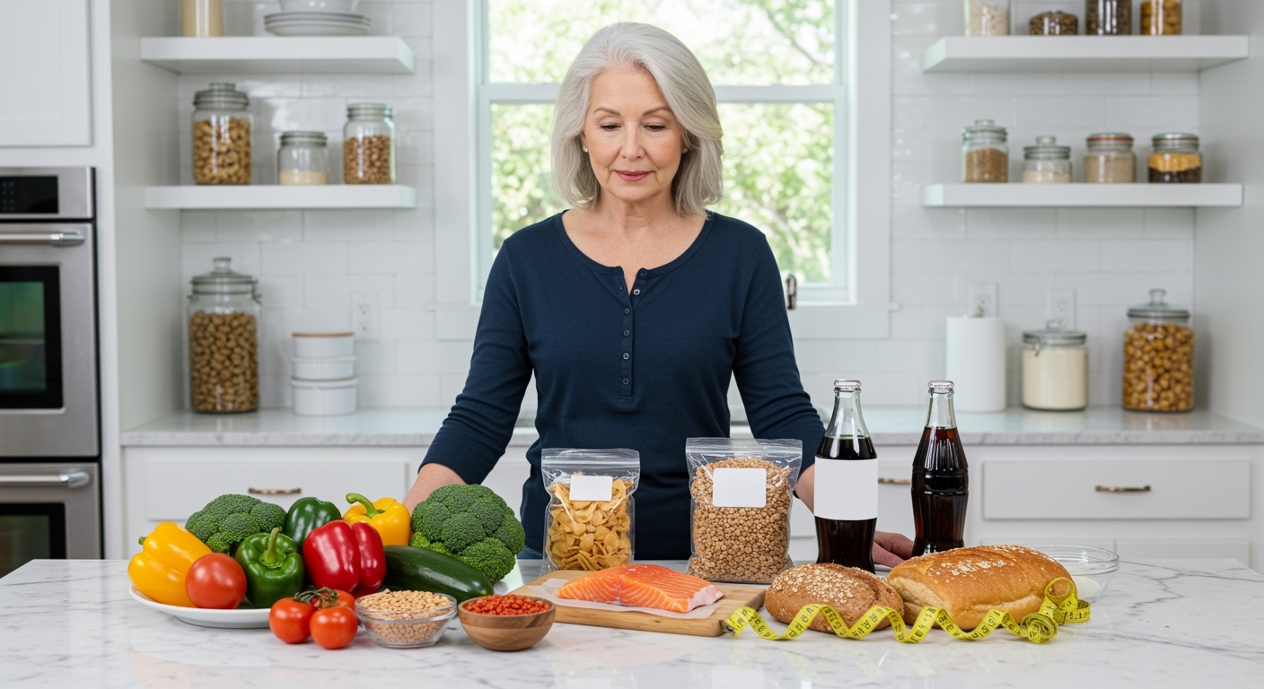 Senior woman standing behind marble counter with fresh vegetables, lentils, processed snacks, and measuring tape in bright kitchen