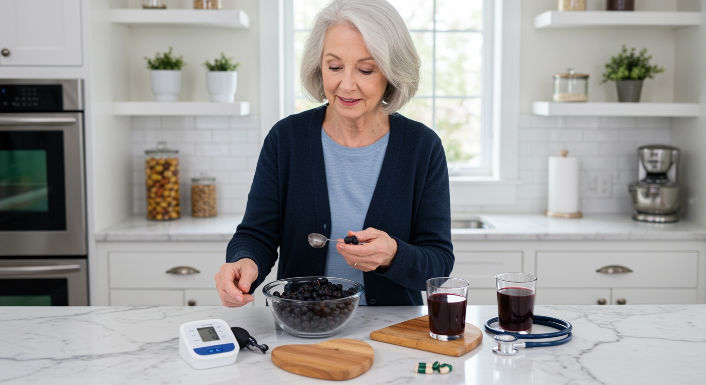 Senior woman examining fresh black chokeberries in glass bowl with blood pressure monitor and heart health items on marble counter