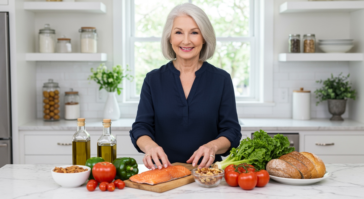 Senior woman arranging Mediterranean diet foods including salmon, nuts, olive oil, vegetables on white marble countertop in modern kitchen