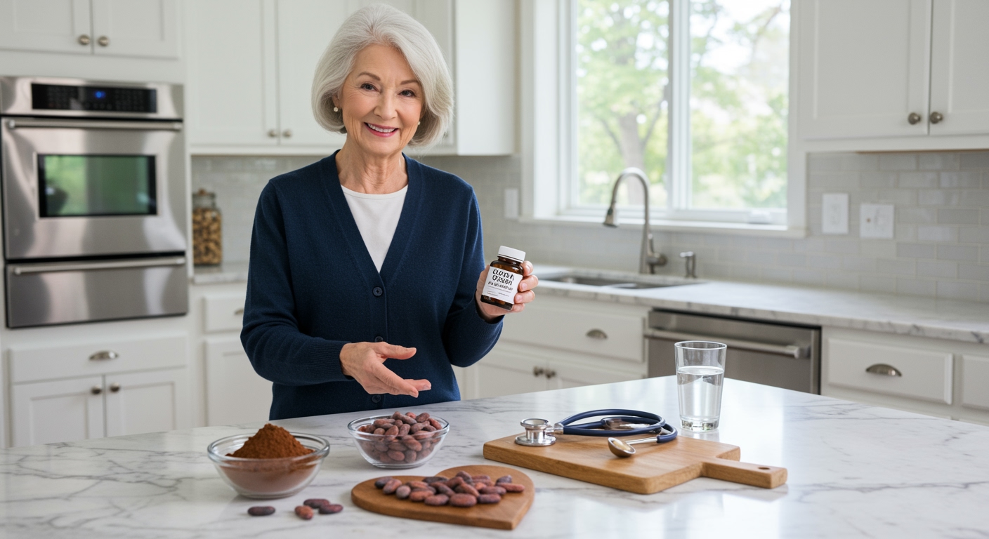 Senior woman holding supplement bottle while standing behind marble countertop with cocoa powder, beans, and health items in kitchen