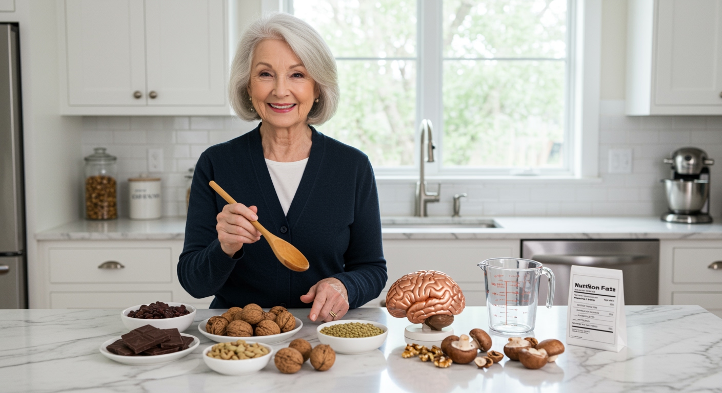 Senior woman pointing to copper-rich foods including walnuts, dark chocolate, lentils, and mushrooms on marble countertop