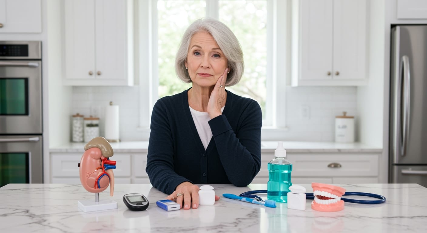 Senior woman touching jaw with health objects including kidney model, glucose meter, and dental tools on marble counter