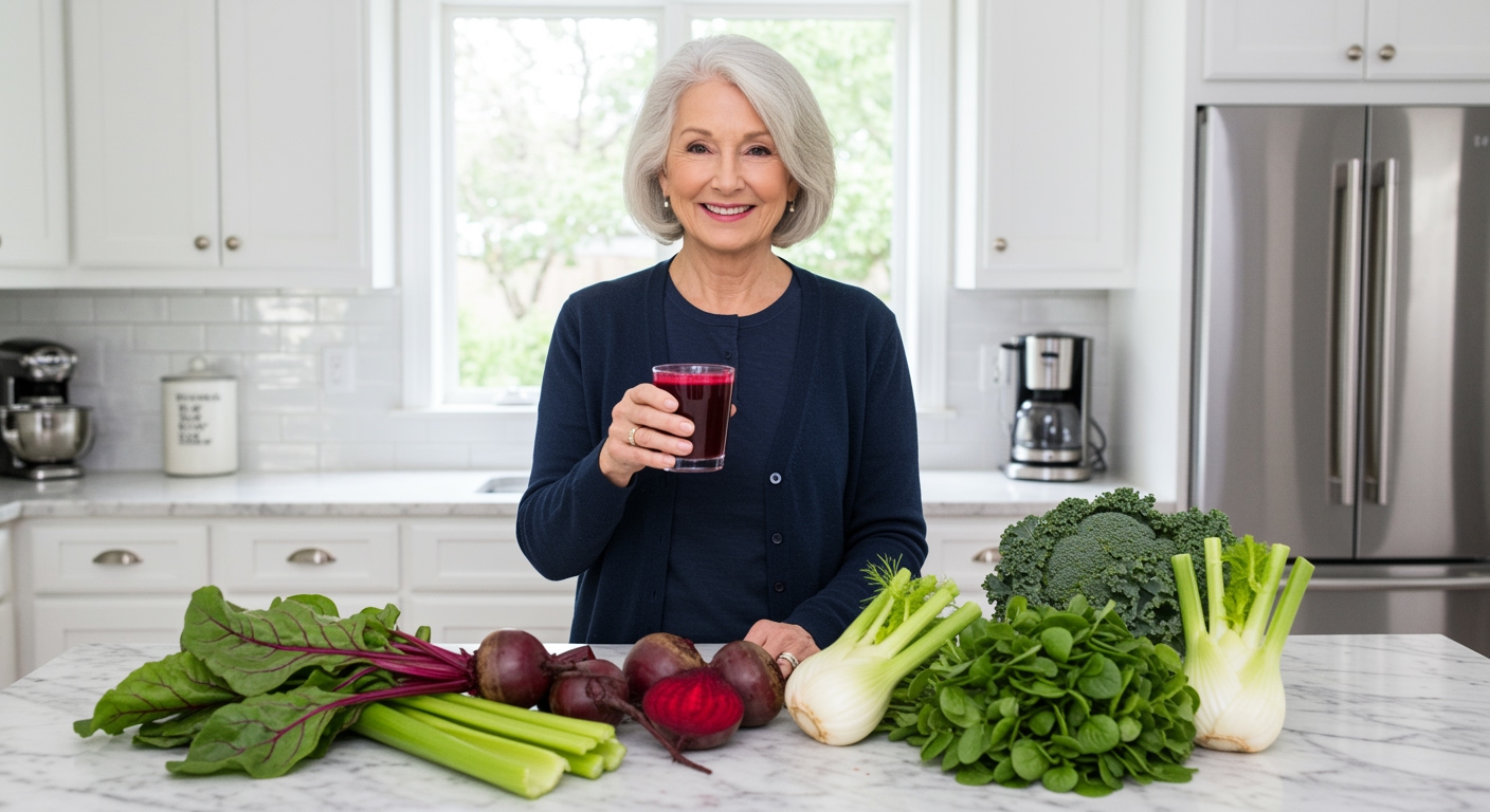 Senior woman holding beetroot juice glass standing behind marble counter with fresh nitrate-rich vegetables in modern kitchen