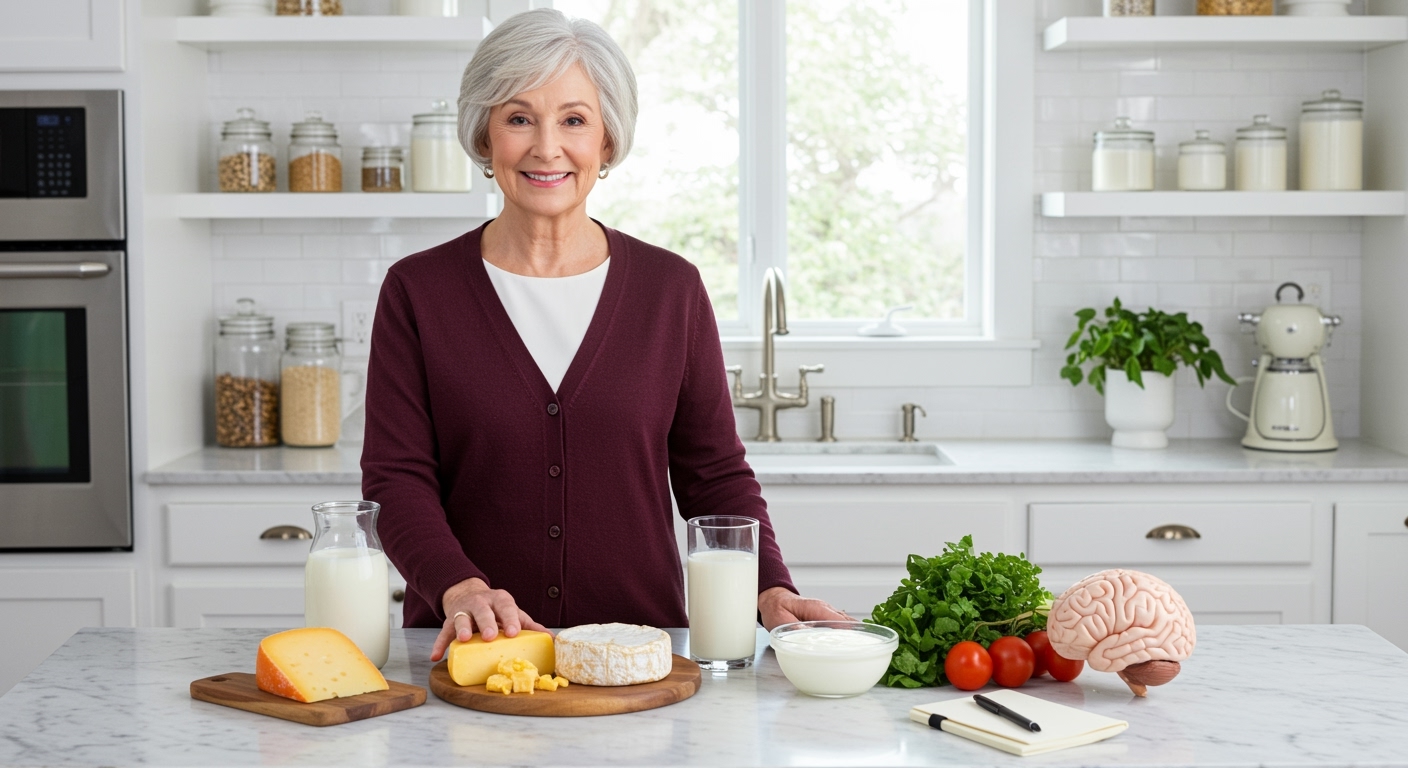 Senior woman standing behind marble counter with cheese board, dairy products, brain model, and vegetables in bright modern kitchen.