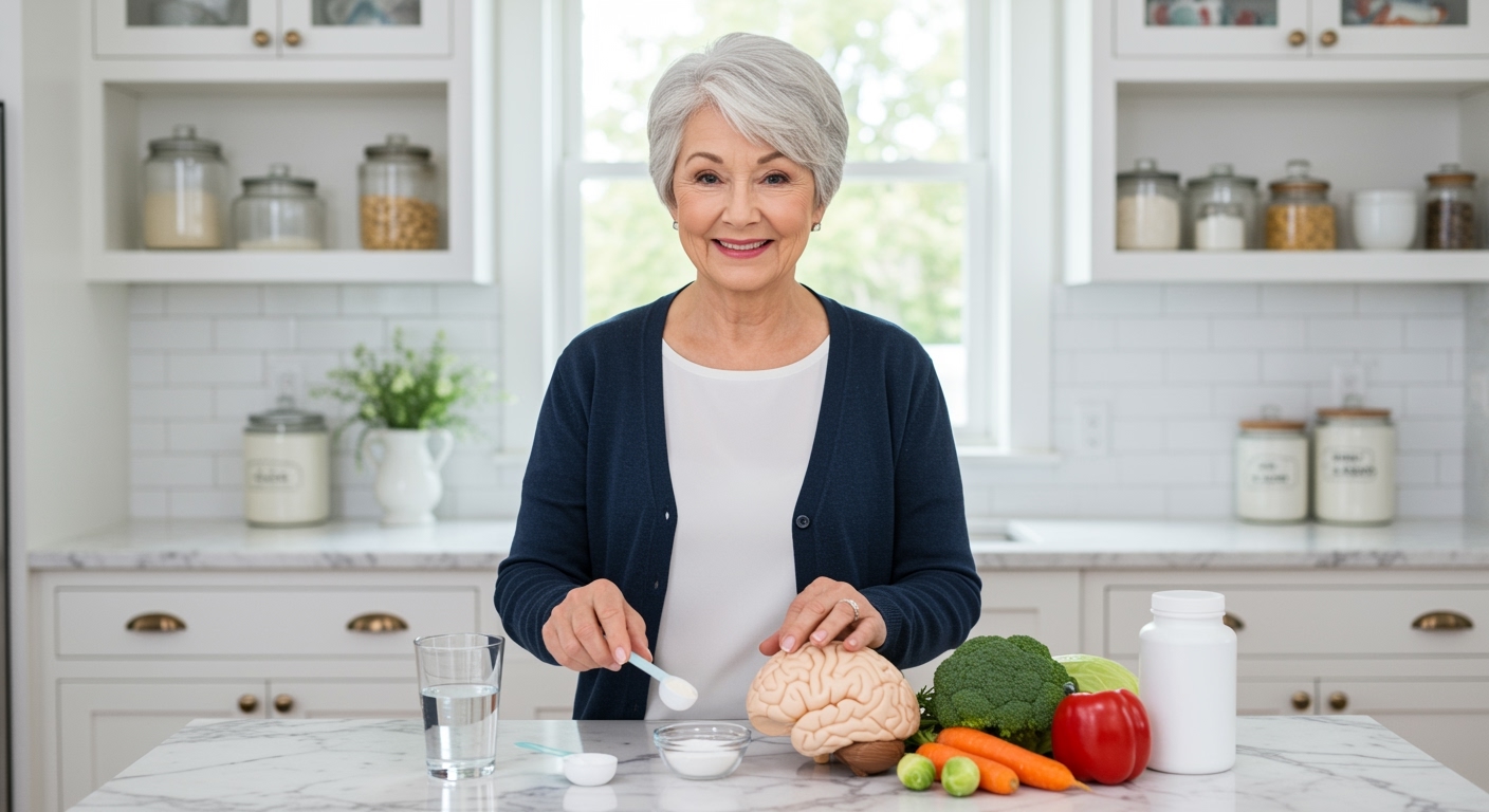 Senior woman standing behind marble counter with fiber supplement powder, brain model, and fresh vegetables in bright kitchen