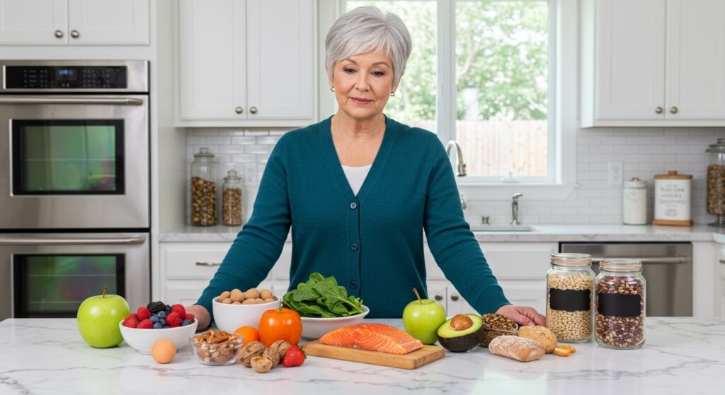 Senior woman in teal cardigan standing at marble counter with organized display of berries, greens, nuts, salmon, avocado, and whole grains