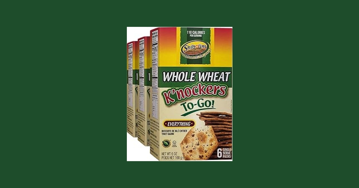 Box of Shibolim Everything Crackers showing whole wheat crackers with everything seasoning in individually wrapped packages