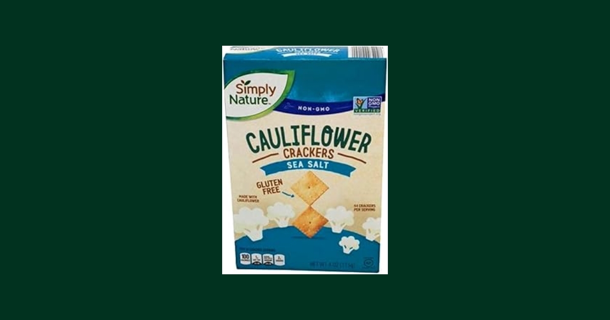 Simply Nature Sea Salt Cauliflower Crackers package showing product branding and gluten-free non-GMO certification labels