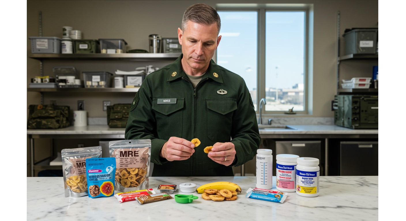 Military soldier in uniform examining banana chips and combat ration items on marble counter in professional kitchen setting