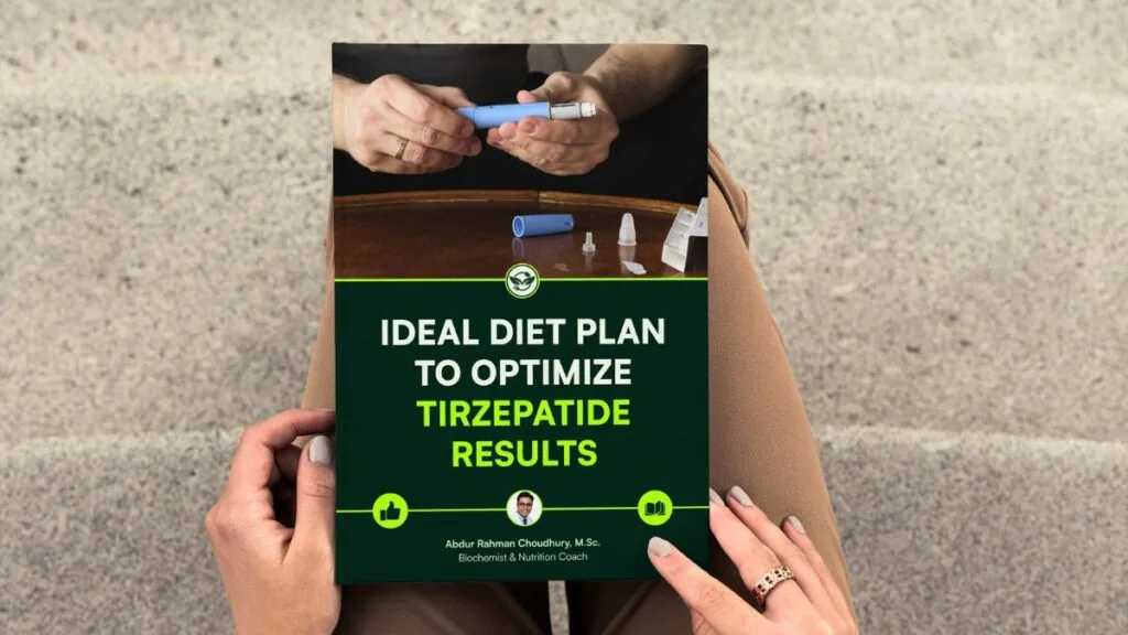 Hands holding green ebook cover about ideal diet plan to optimize Tirzepatide results by nutrition expert