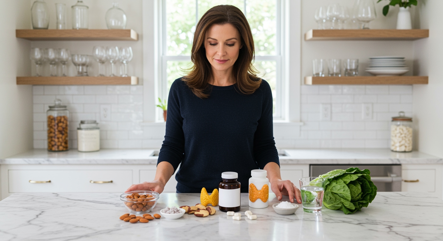 Woman arranging almonds, thyroid model, supplements, and healthy foods on white marble kitchen countertop with natural lighting