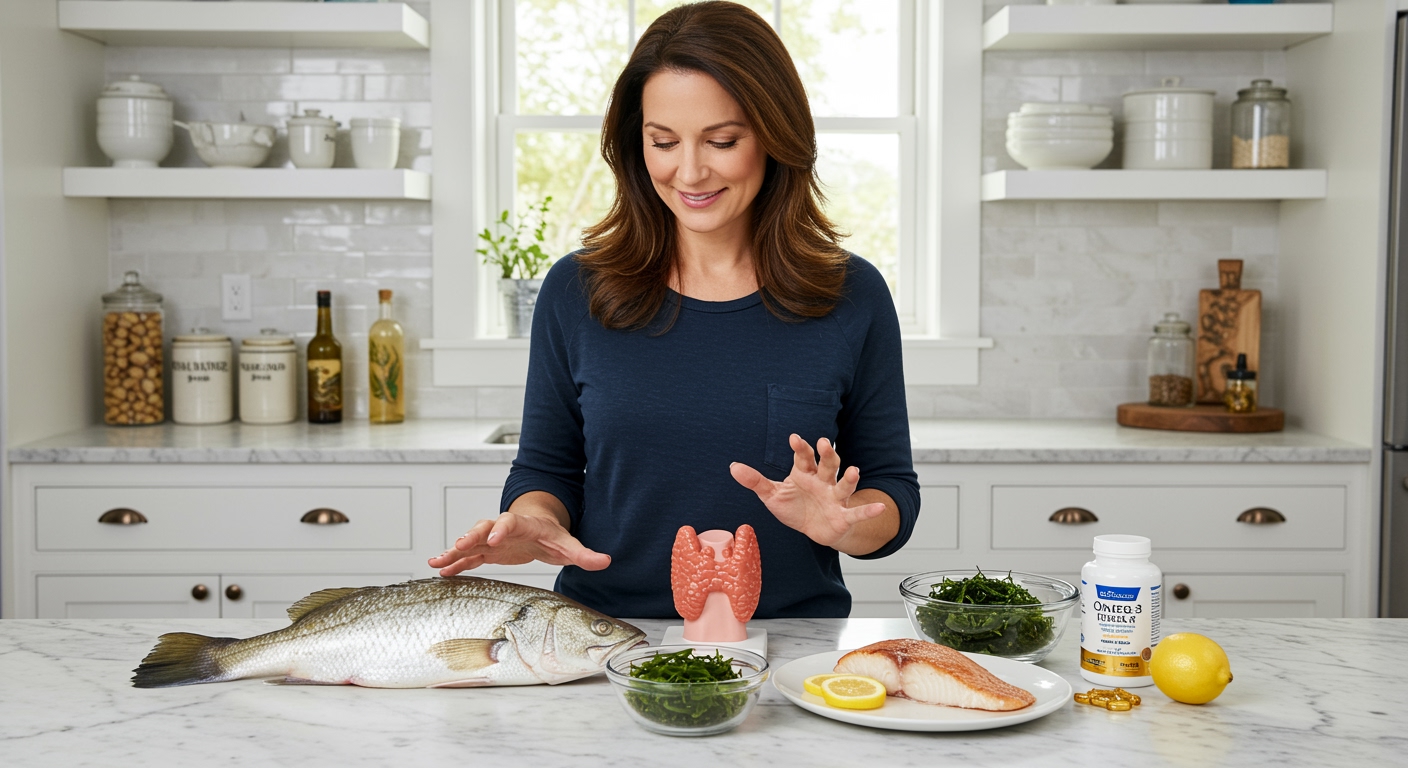 Woman standing behind marble counter arranging raw barramundi fish, thyroid gland model, seaweed, cooked fish, and supplements
