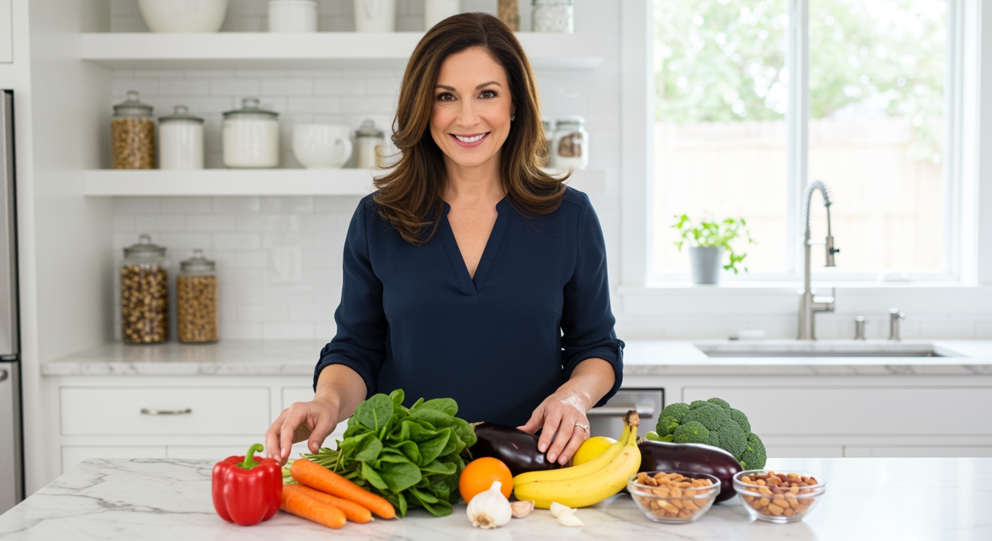Woman arranging colorful vegetables and fruits on white marble countertop in bright modern kitchen with natural lighting