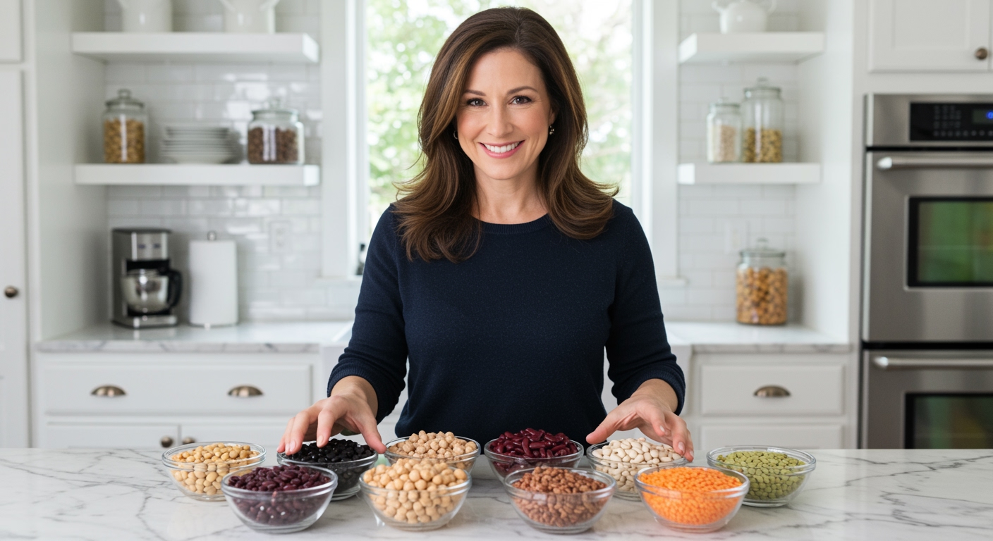 Woman arranging different types of beans in glass bowls on white marble countertop in modern kitchen with natural lighting