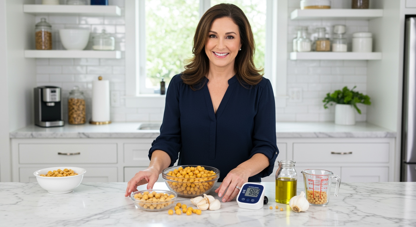Woman arranging chickpeas and blood pressure monitor on marble countertop in bright modern kitchen setting