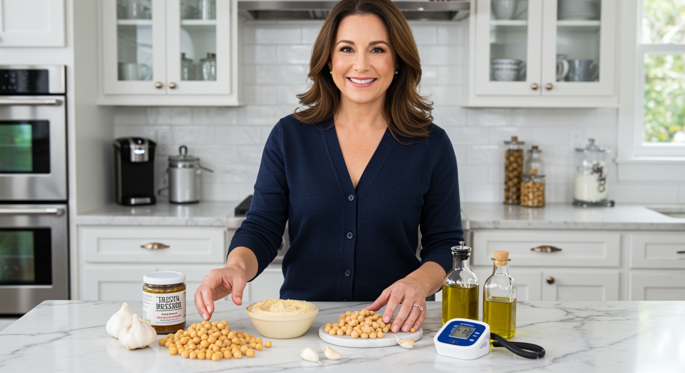 Woman arranging hummus bowl with chickpeas and blood pressure monitor on white marble kitchen counter