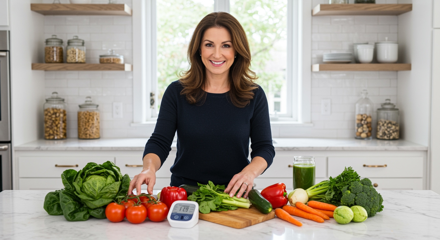 Woman arranging fresh vegetables and legumes on marble countertop with blood pressure monitor in modern kitchen setting