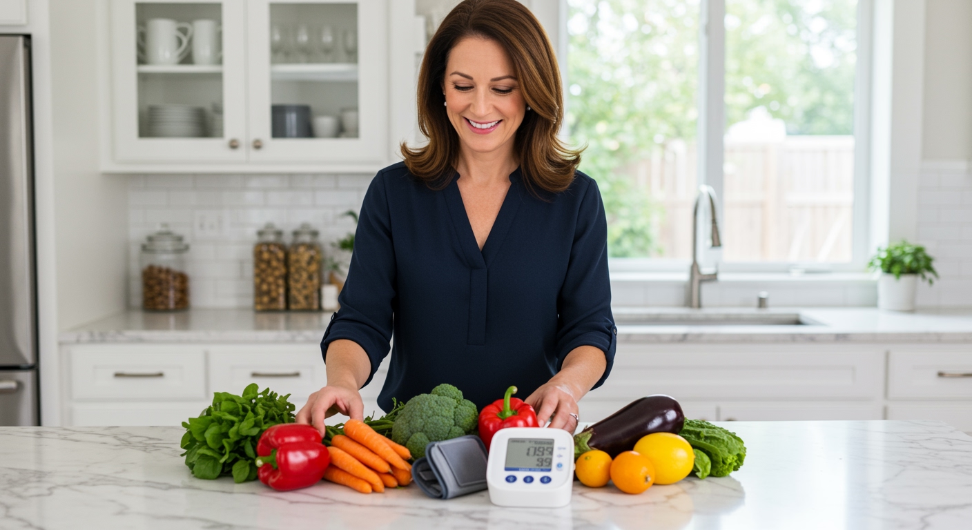 Middle-aged woman arranging colorful vegetables on marble counter with blood pressure monitor in modern kitchen setting