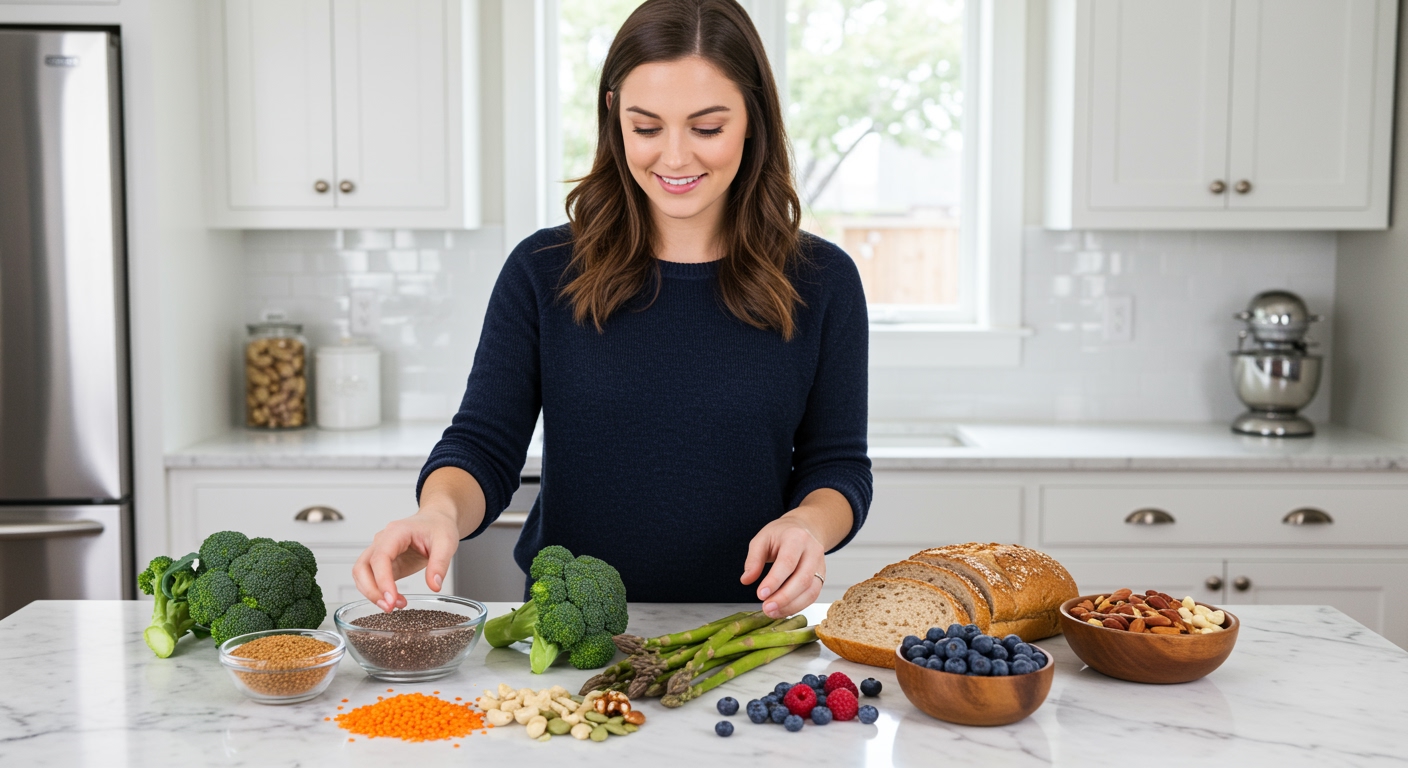 Young woman arranging chia seeds, vegetables, and whole grains on marble countertop in modern kitchen setting