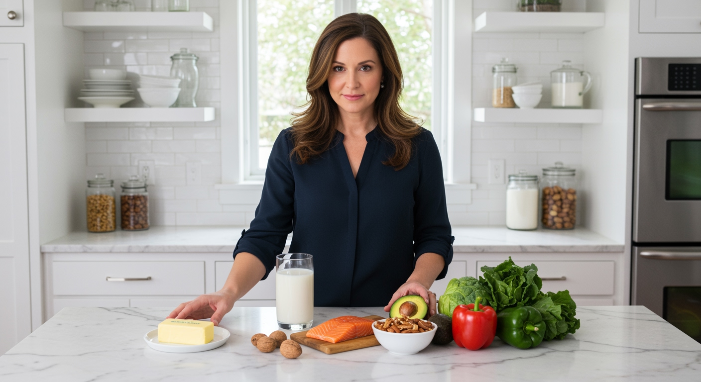 Middle-aged woman organizing butter, dairy, and whole foods on white marble kitchen counter with natural lighting