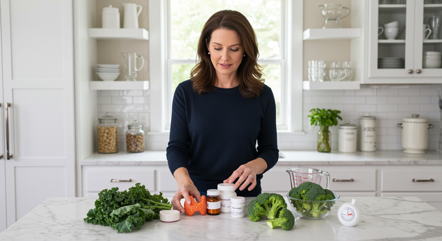 Woman organizing fresh kale leaves, thyroid model, and medication bottles on white marble countertop in bright modern kitchen