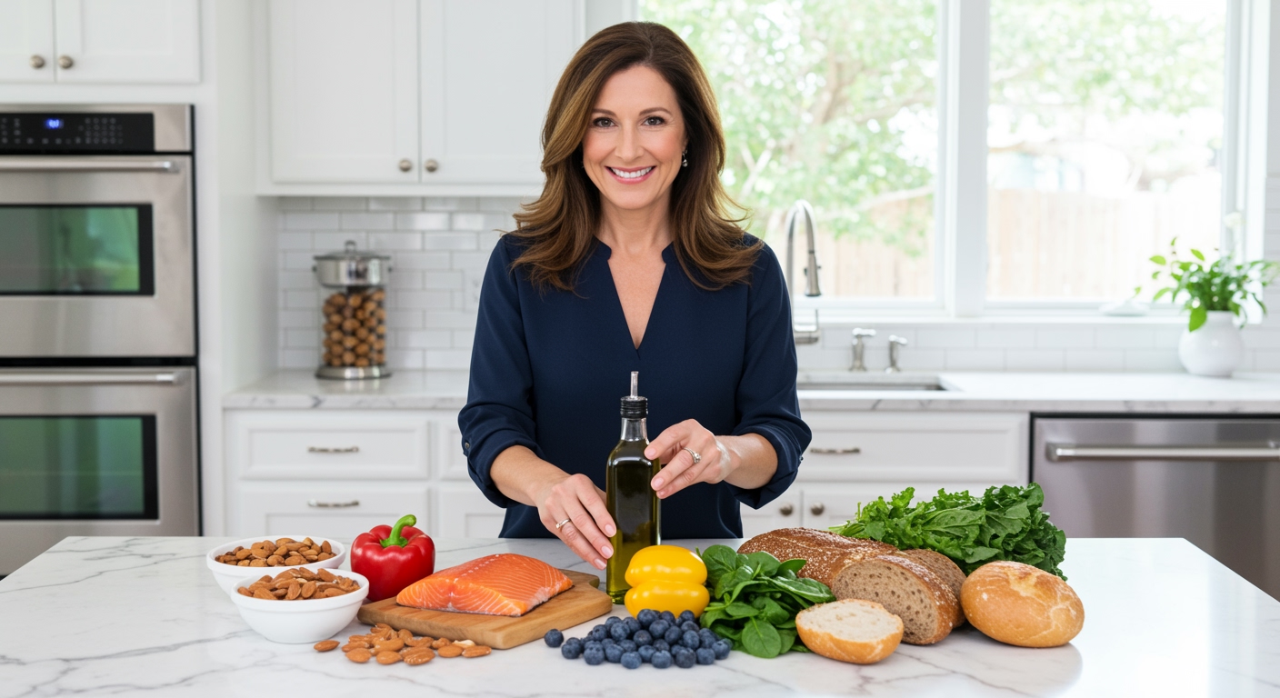 Middle-aged woman arranging Mediterranean diet foods including nuts, salmon, olive oil, vegetables on white marble countertop