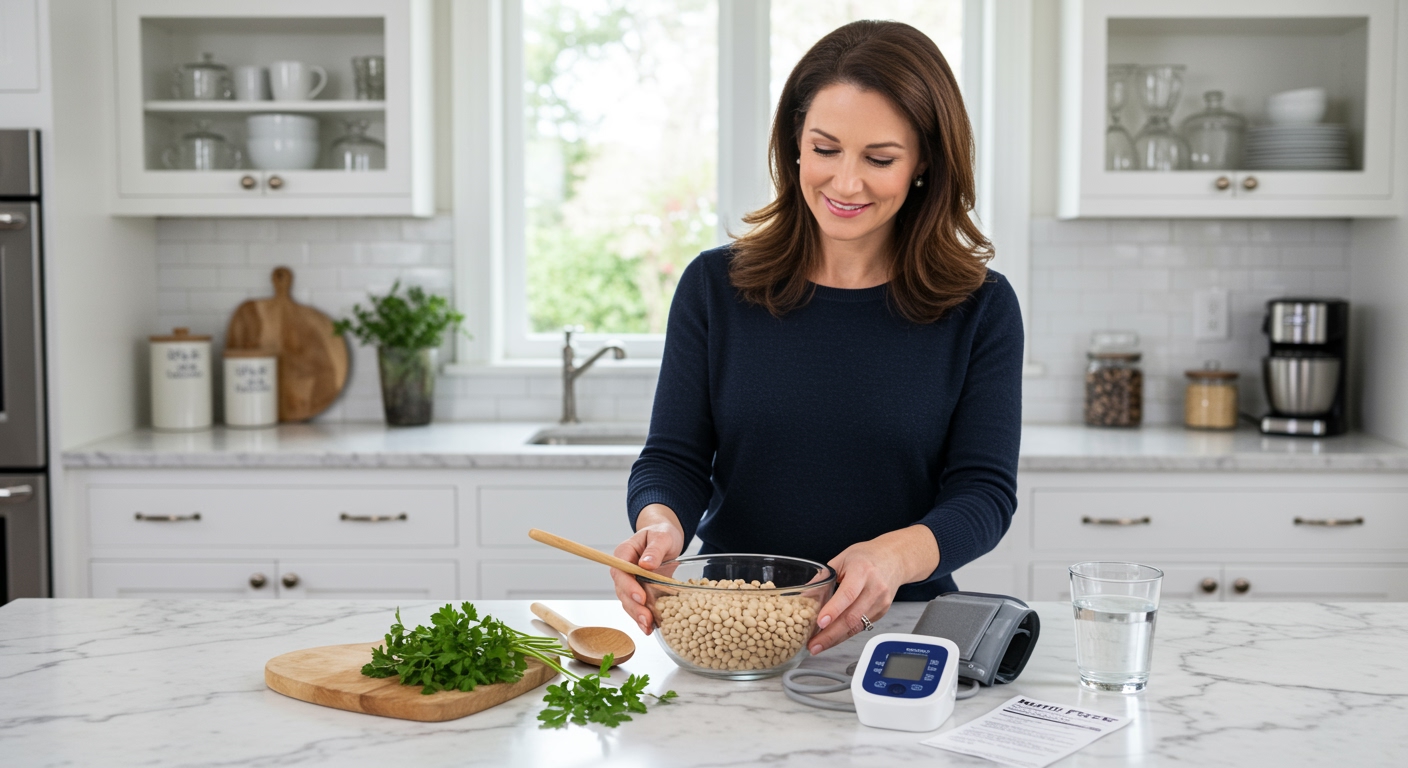 Woman organizing navy beans in bowl with blood pressure monitor and healthy ingredients on white marble kitchen counter