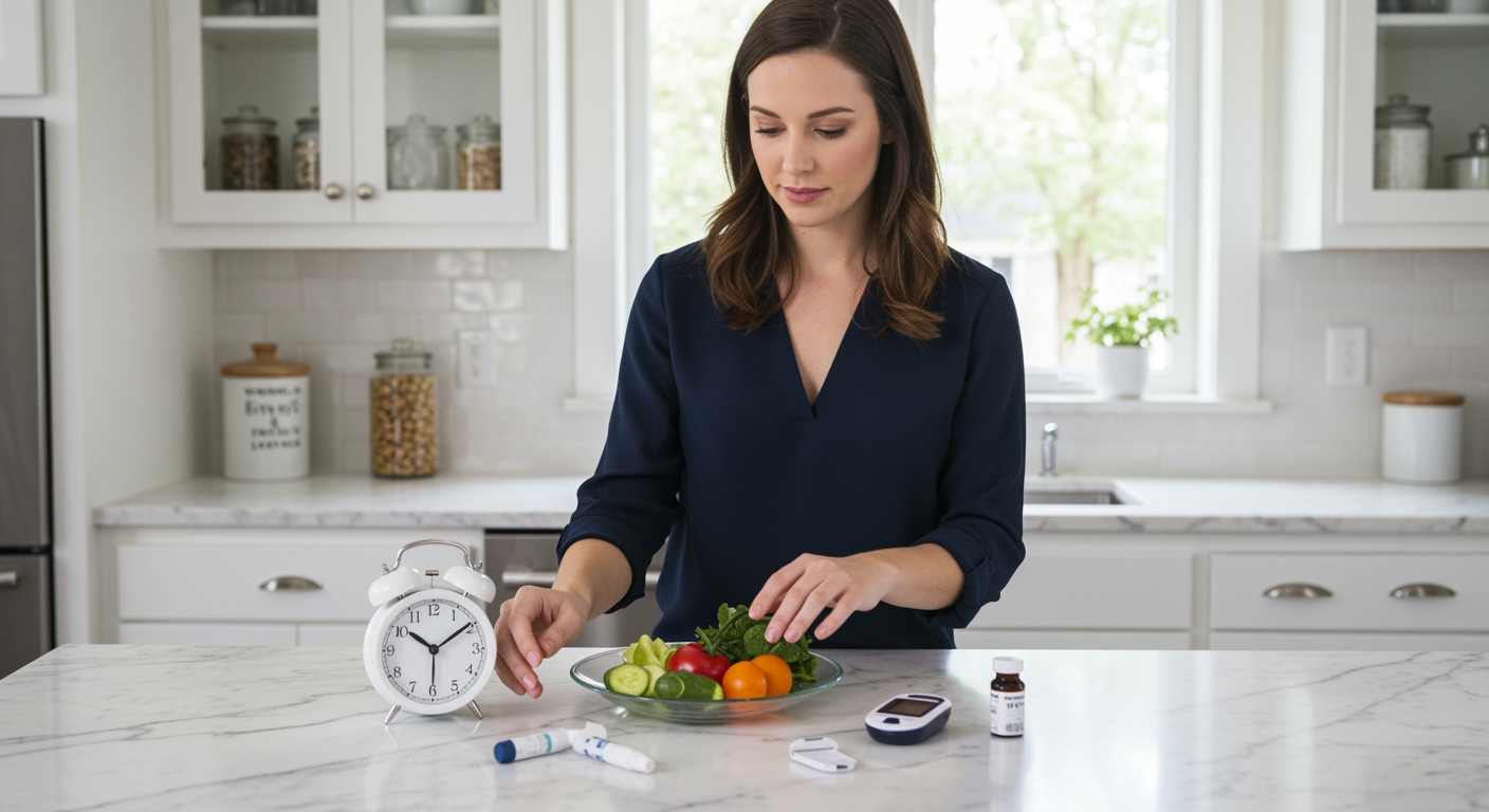 Woman arranging clock, healthy food, glucose meter and health tracking items on white marble kitchen countertop