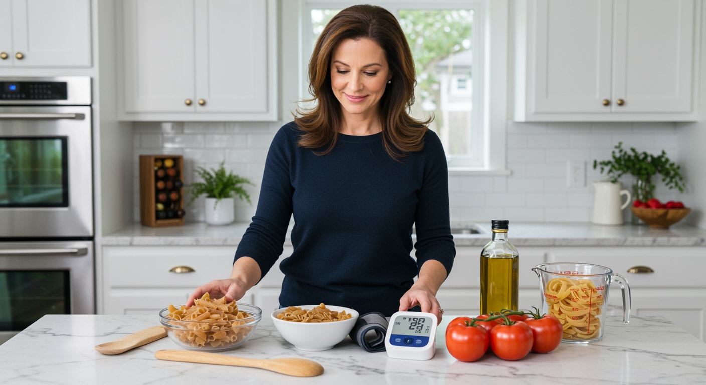 Woman standing behind marble counter arranging pasta bowl, blood pressure monitor, and cooking ingredients in bright kitchen
