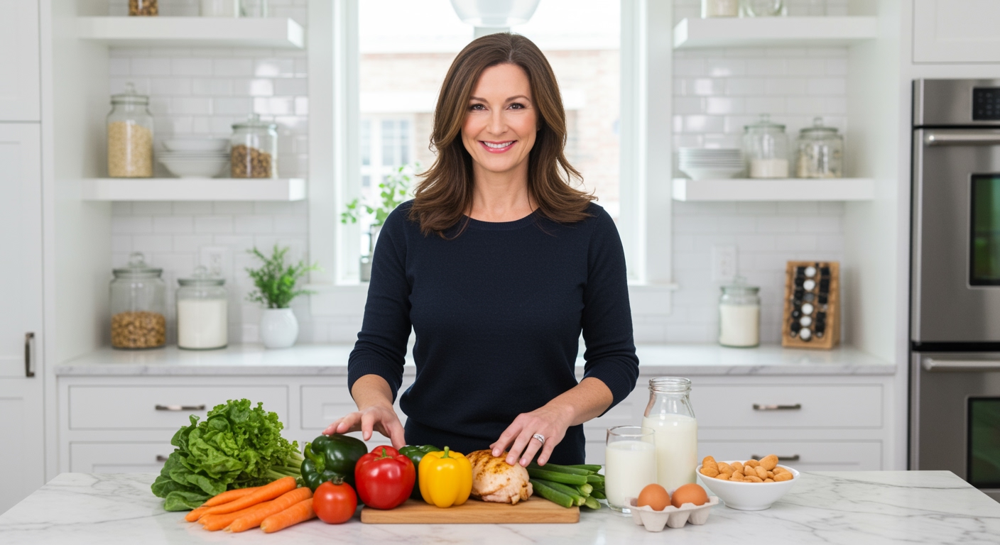 Woman arranging vegetables, chicken, milk and eggs on white marble countertop in modern kitchen with natural lighting