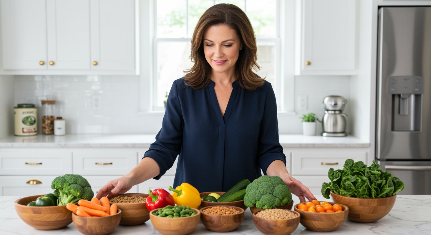 Woman arranging colorful vegetables and whole grains on marble countertop in bright modern kitchen with white cabinets
