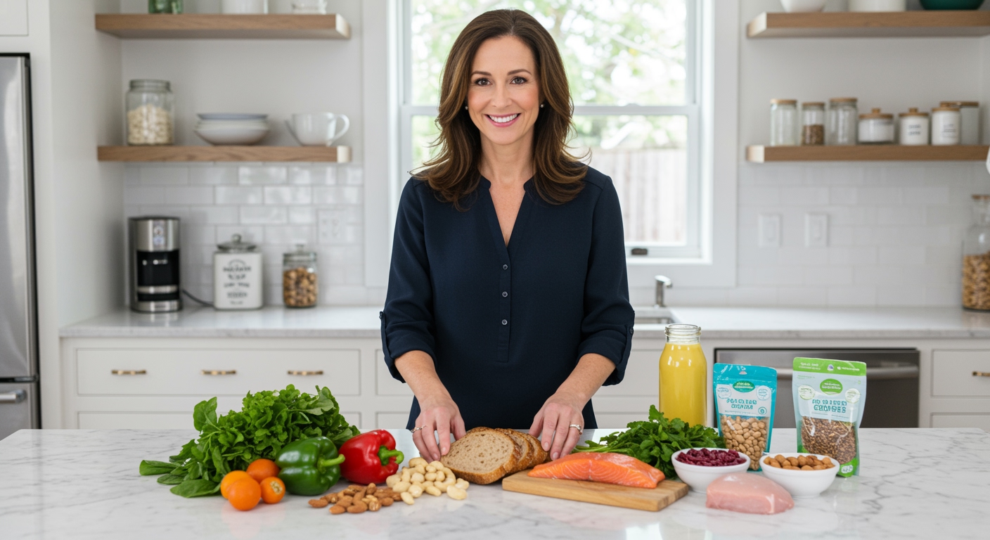 Woman arranging colorful plant-based foods on white marble countertop in modern kitchen with natural lighting