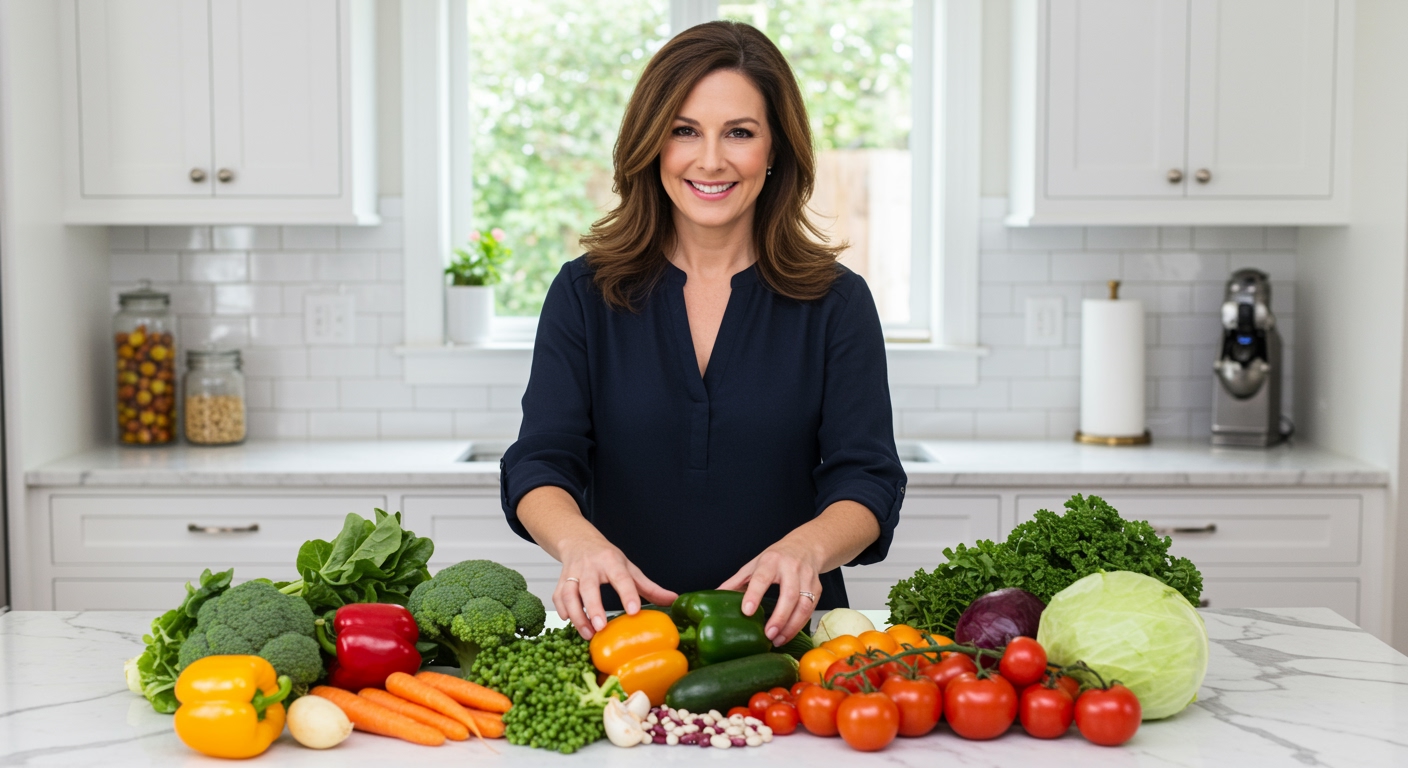 Woman organizing colorful vegetables and legumes on white marble countertop in modern kitchen with natural lighting