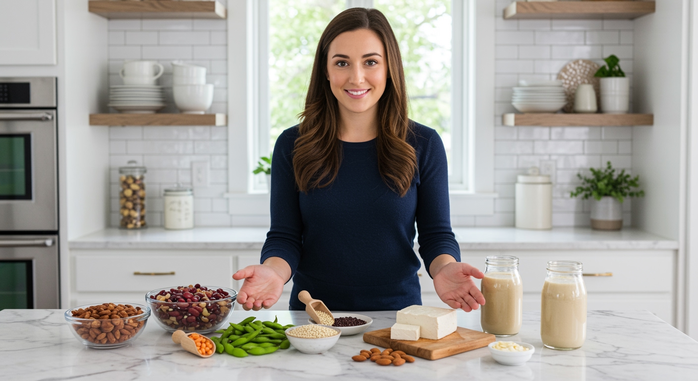 Young woman organizing plant protein foods including beans, quinoa, tofu, and nuts on white marble kitchen counter