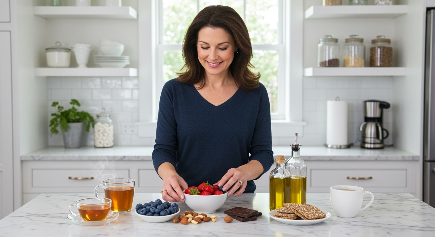 Middle-aged woman arranging berries, tea, nuts, olive oil, dark chocolate and whole grains on white marble kitchen countertop