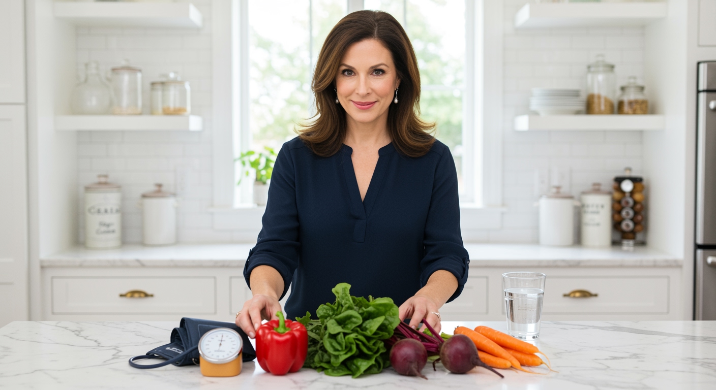 Middle-aged woman arranging fresh raw vegetables and blood pressure monitoring equipment on white marble kitchen counter