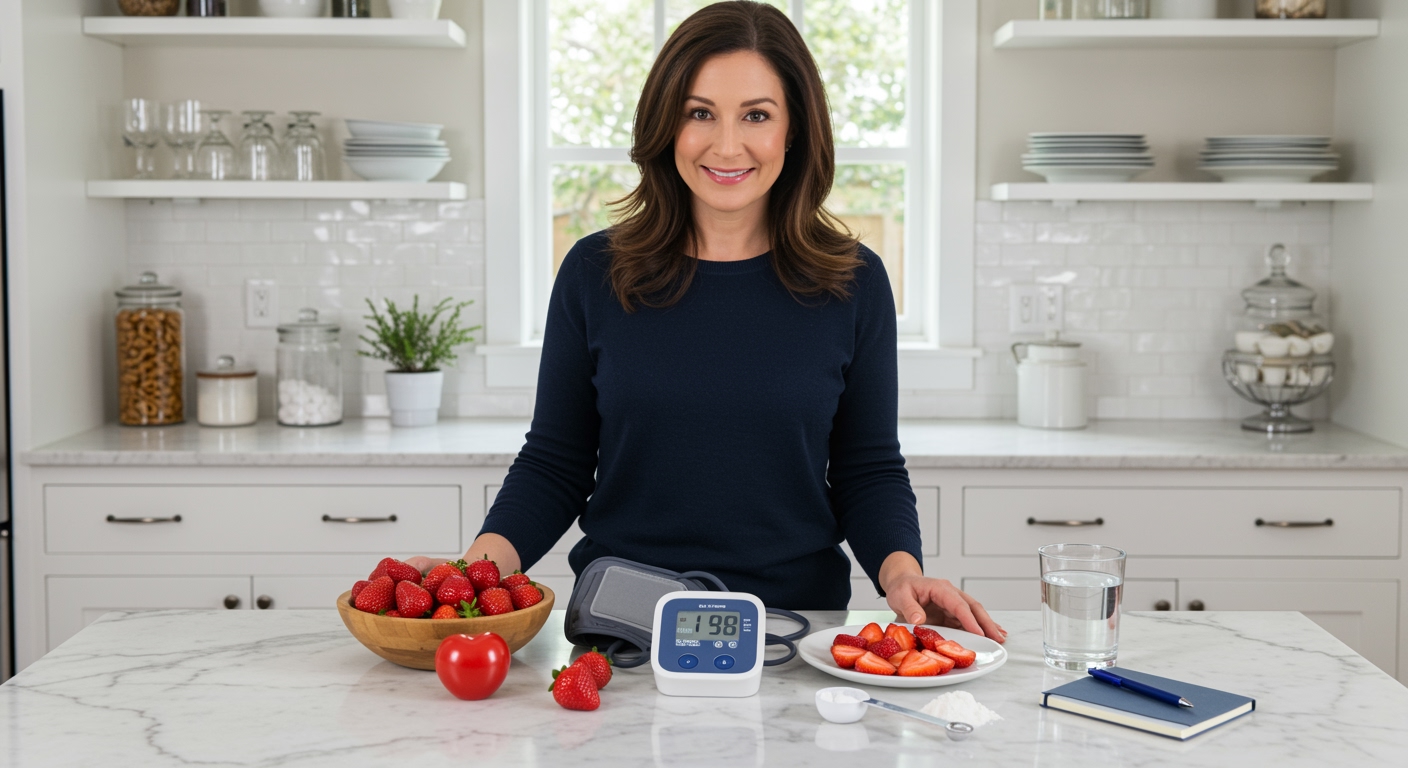 Woman arranging fresh strawberries and blood pressure monitor on white marble countertop in bright modern kitchen