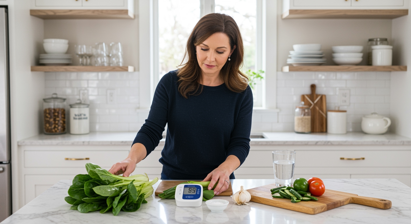 Woman arranging fresh tatsoi leaves and blood pressure monitor on white marble countertop in bright modern kitchen