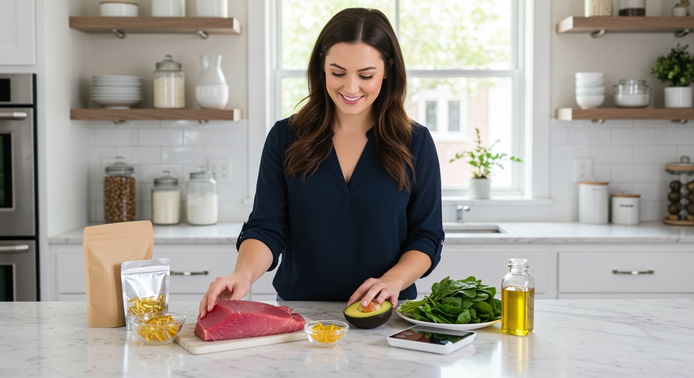 Young woman arranging fresh tuna steak, omega-3 supplements, avocado, spinach, and olive oil on white marble countertop
