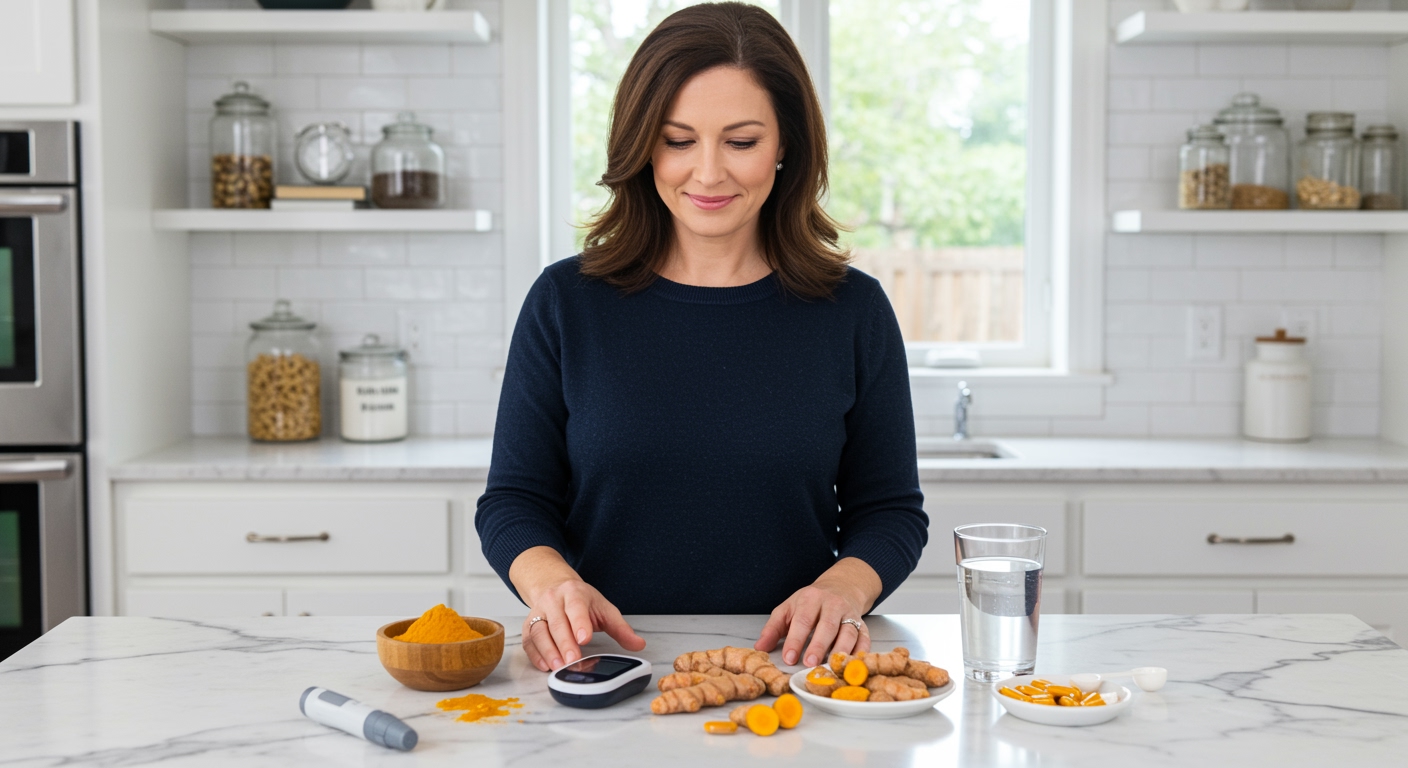 Woman in navy sweater arranging turmeric powder, glucose meter, and supplements on white marble kitchen counter