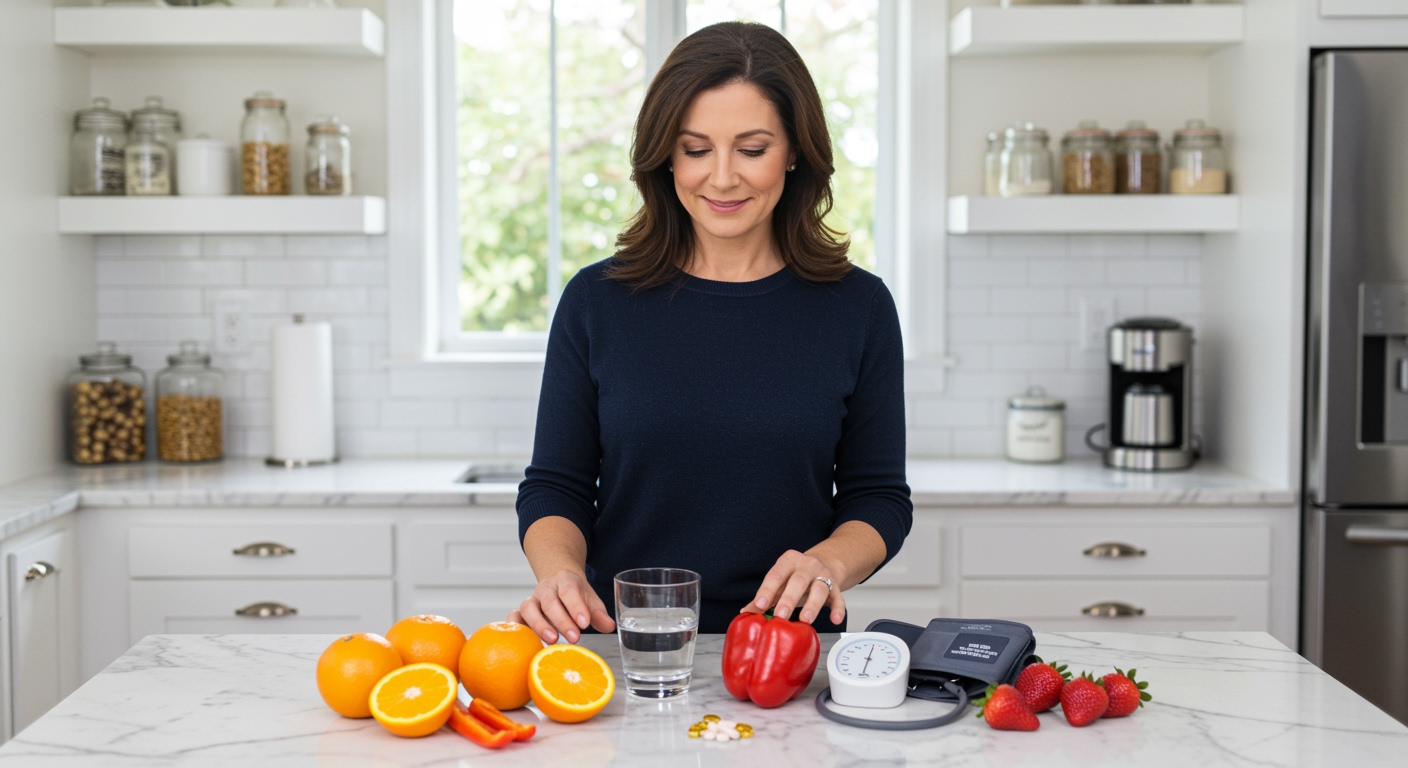 Woman arranging vitamin C rich foods and heart health items on white marble countertop in bright modern kitchen