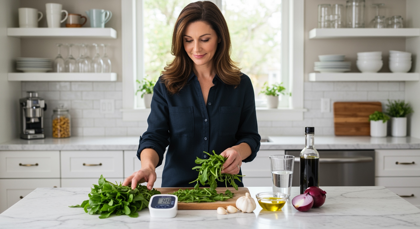 Woman arranging fresh wild arugula leaves and blood pressure monitor on white marble countertop in bright modern kitchen