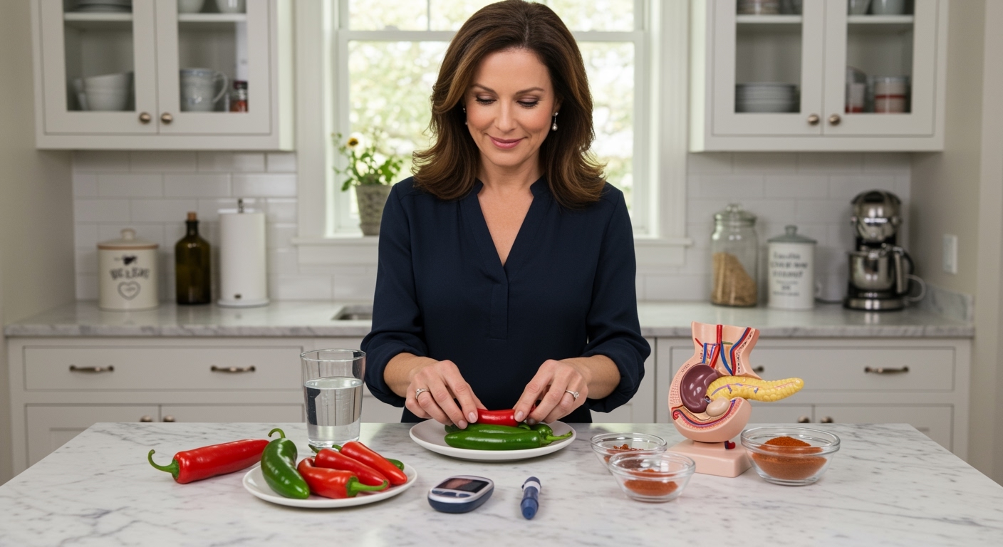 Woman arranging red and green chili peppers on white plate with blood glucose meter and pancreas model on marble countertop