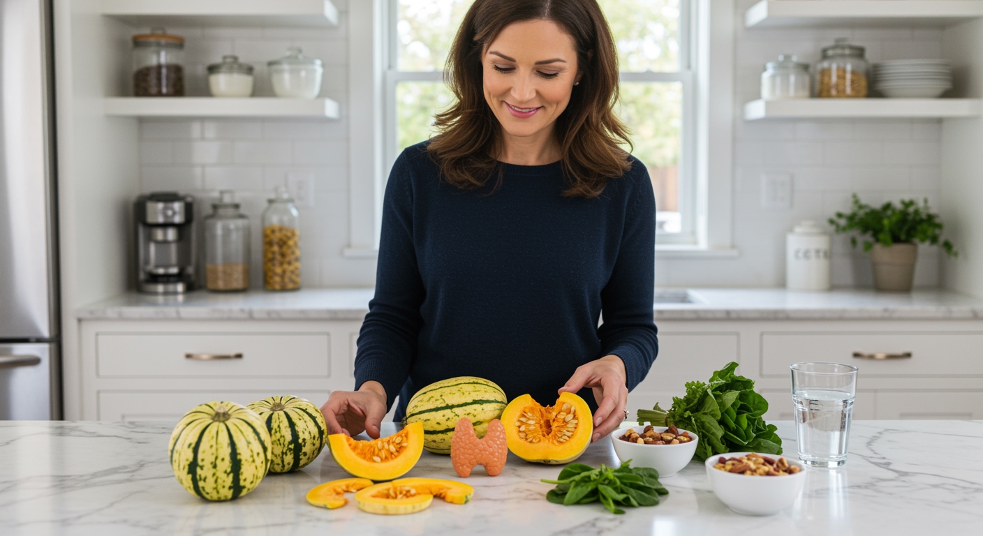 Woman arranging delicata squash and thyroid-supporting foods on white marble countertop in bright modern kitchen setting