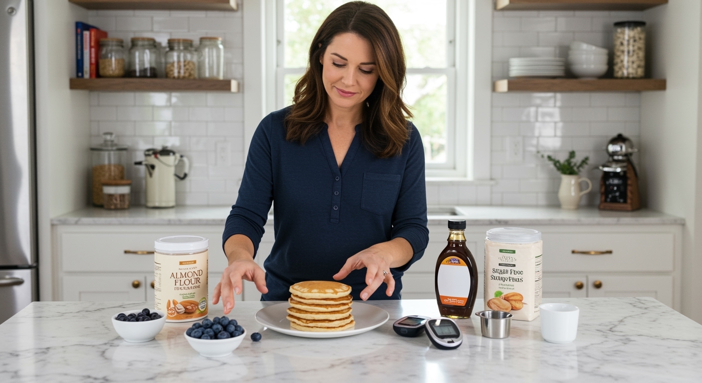 Middle-aged woman standing behind marble countertop arranging pancakes, almond flour, berries, and glucose meter in bright kitchen