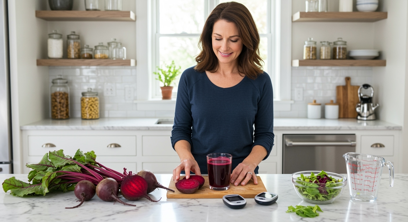 Middle-aged woman arranging whole and sliced beets with glucose meter and salad on white marble countertop in bright kitchen