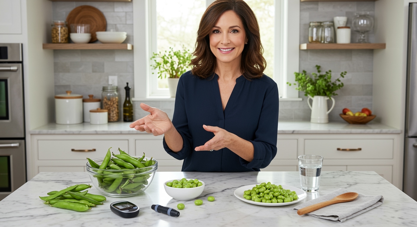 Middle-aged woman in navy blouse standing behind white marble counter arranging fresh broad beans, glucose meter, and bowls in bright kitchen