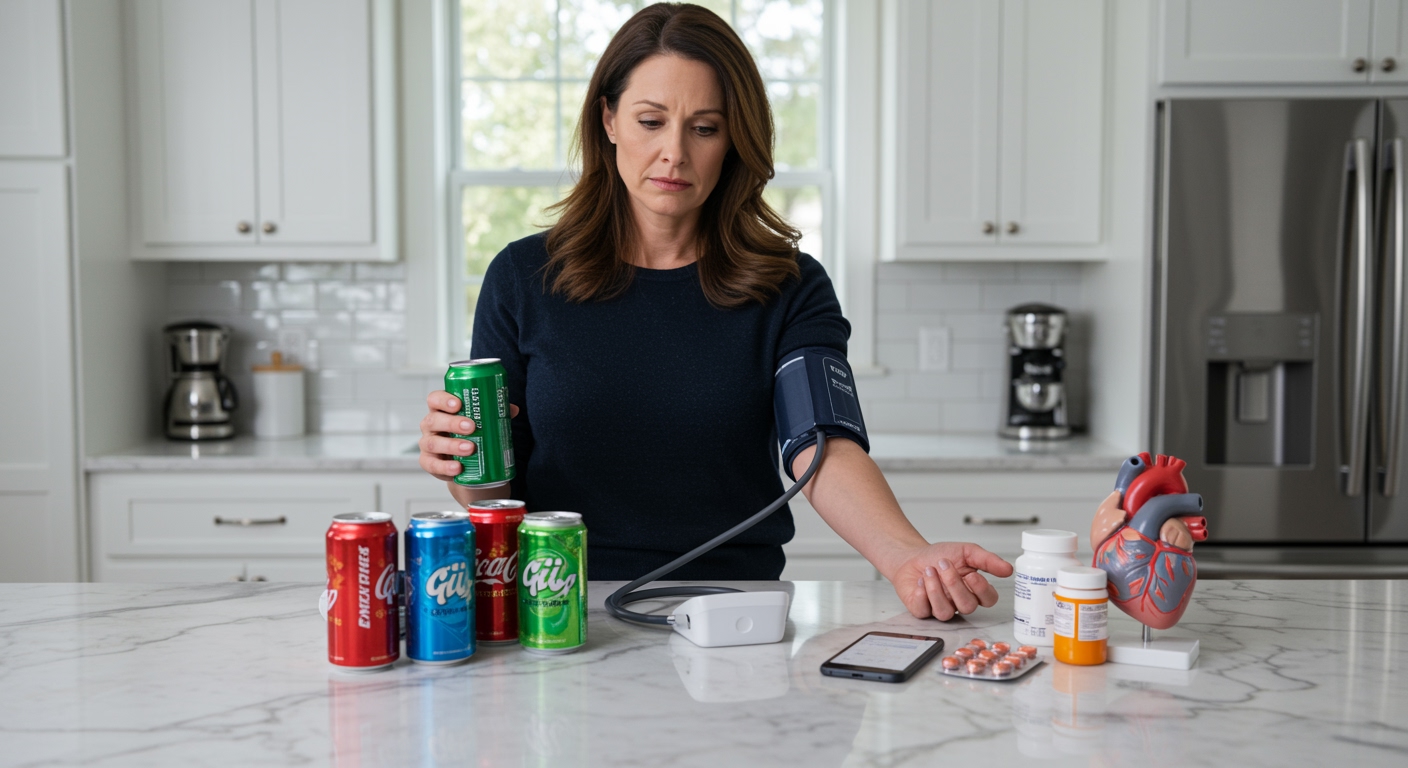 Woman using blood pressure monitor while holding energy drink can with medical equipment and drinks arranged on marble countertop