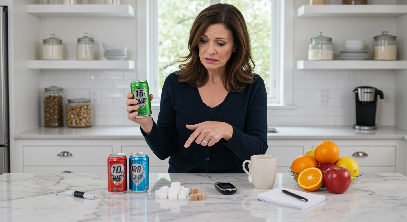 Middle-aged woman holding energy drink can and pointing to blood glucose meter on marble countertop with various beverages and fruits